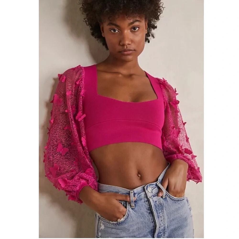 Free People Flutter By Crop Top Size XS Pink Butterfly Whimsical Ethereal